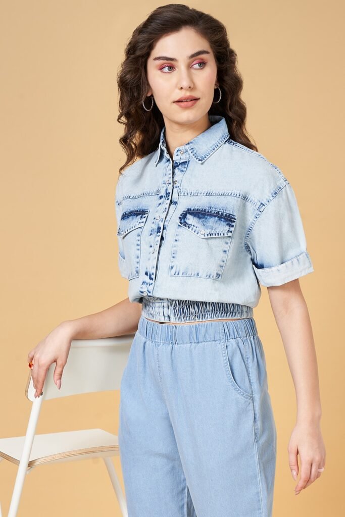 People Light Blue Solid Casual Half Sleeves Women Boxy Shirts