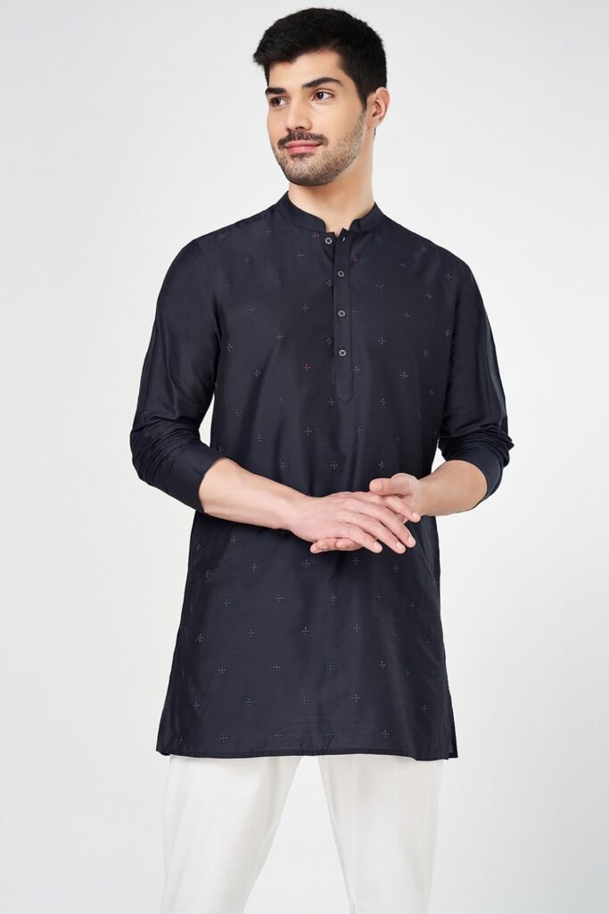 Indus Route Navy Embroidered Below Waist Festive Men Regular Fit Kurta