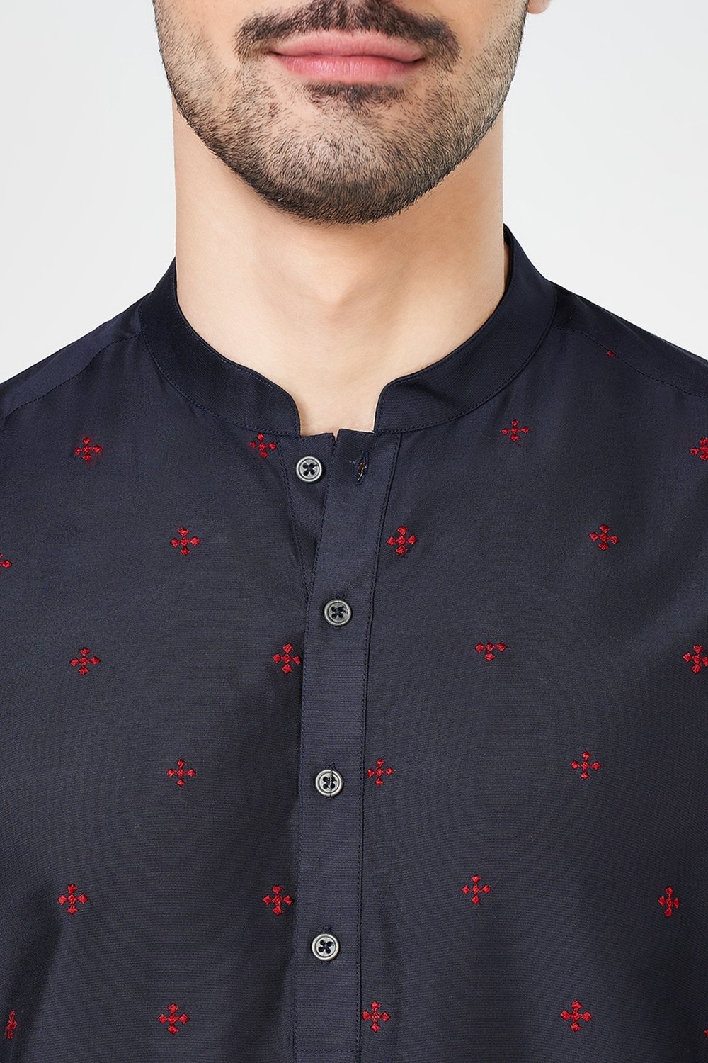 Indus Route Navy Embroidered Below Waist Festive Men Regular Fit Kurta