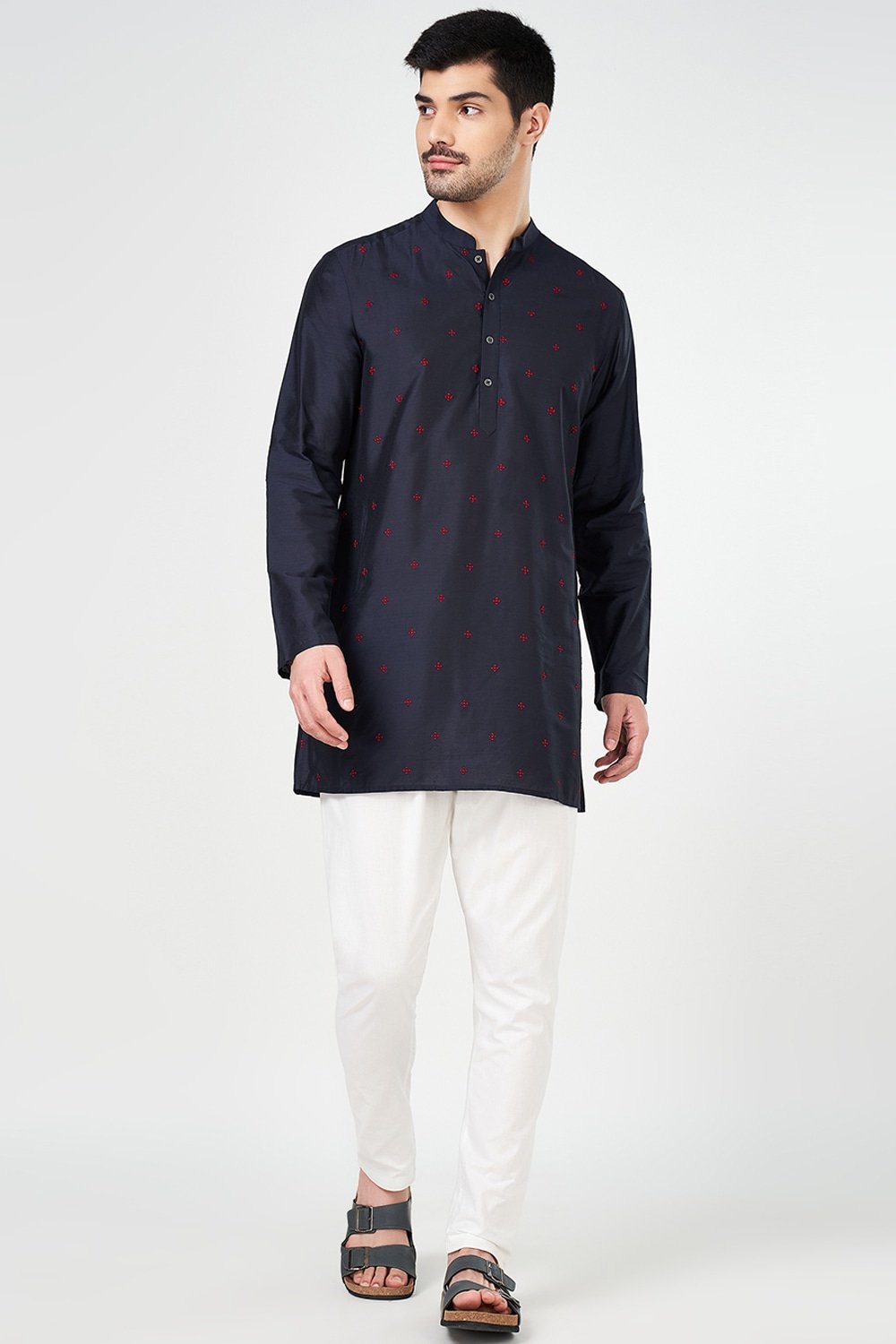 Indus Route Navy Embroidered Below Waist Festive Men Regular Fit Kurta