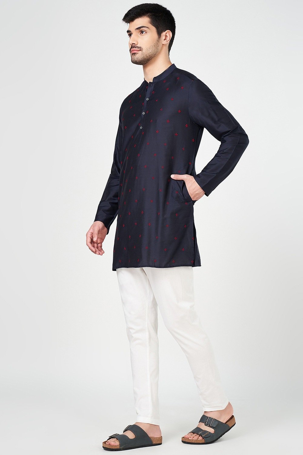 Indus Route Navy Embroidered Below Waist Festive Men Regular Fit Kurta