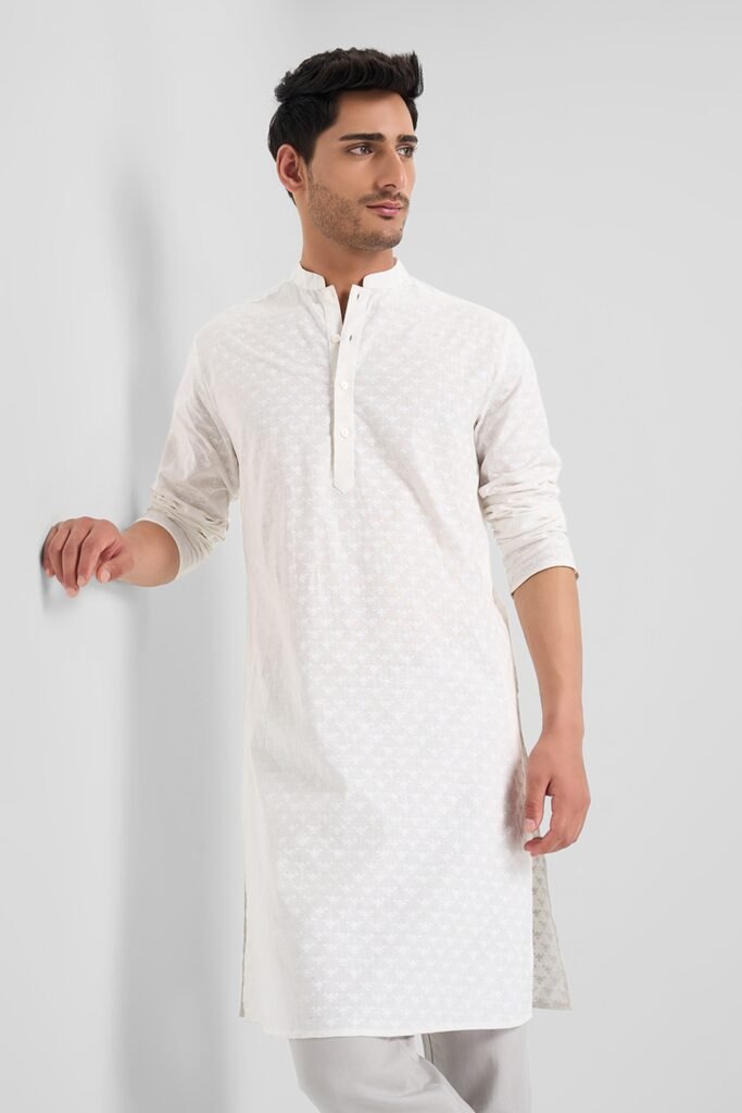 Indus Route Off White Printed Knee Length Casual Men Regular Fit Kurta