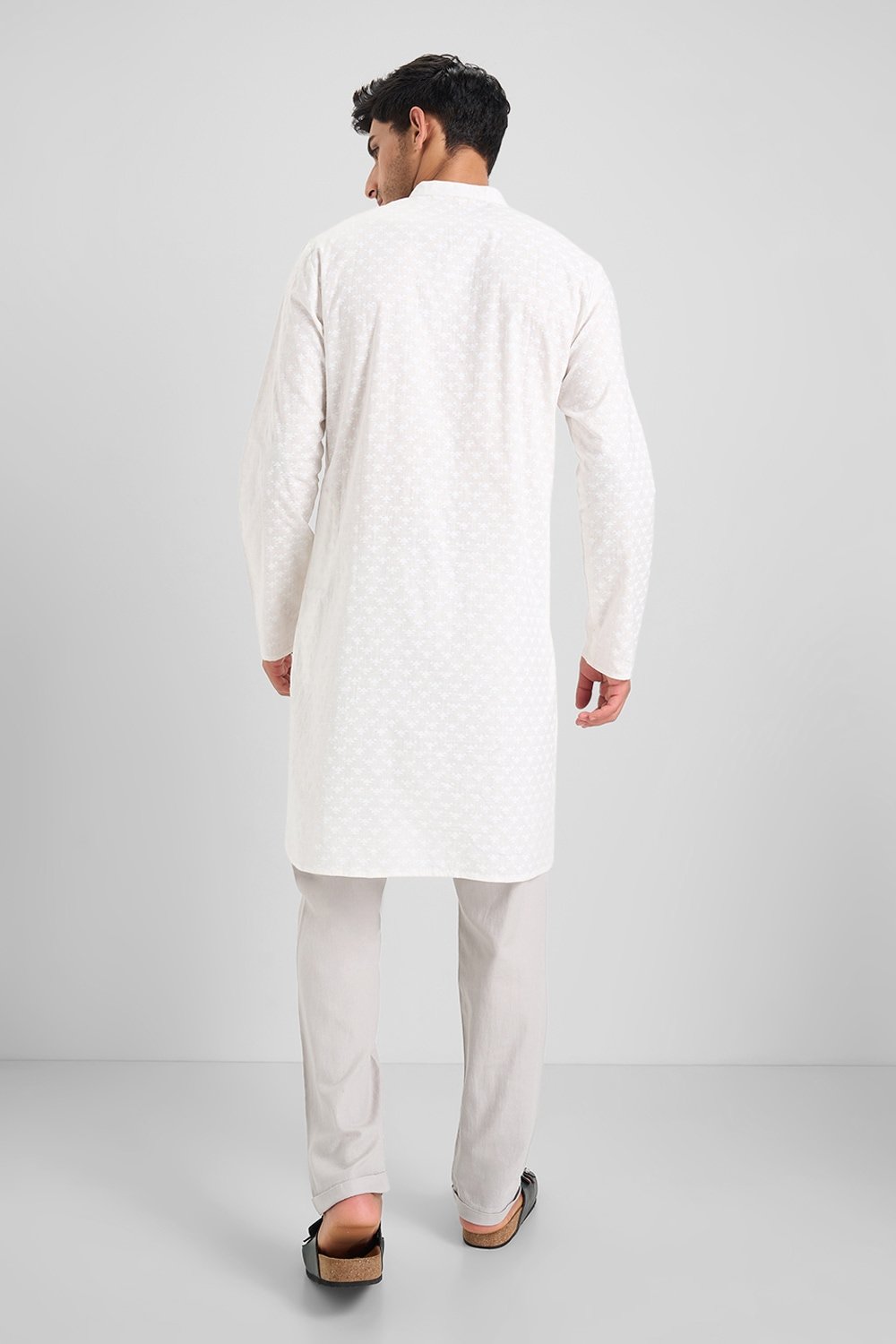 Indus Route Off White Printed Knee Length Casual Men Regular Fit Kurta