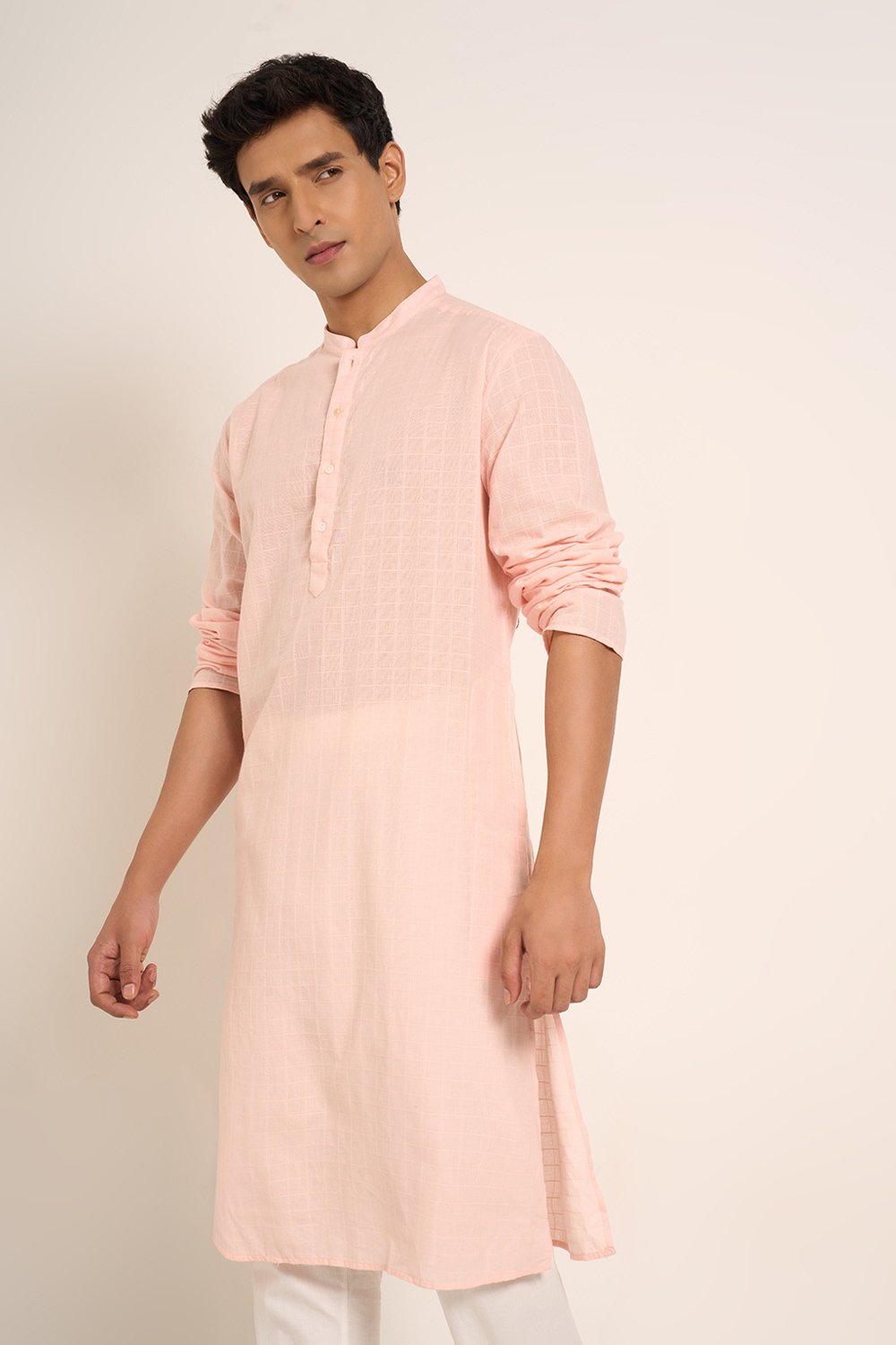 Indus Route Pink Textured Below Knee Length Casual Men Regular Fit Kurta