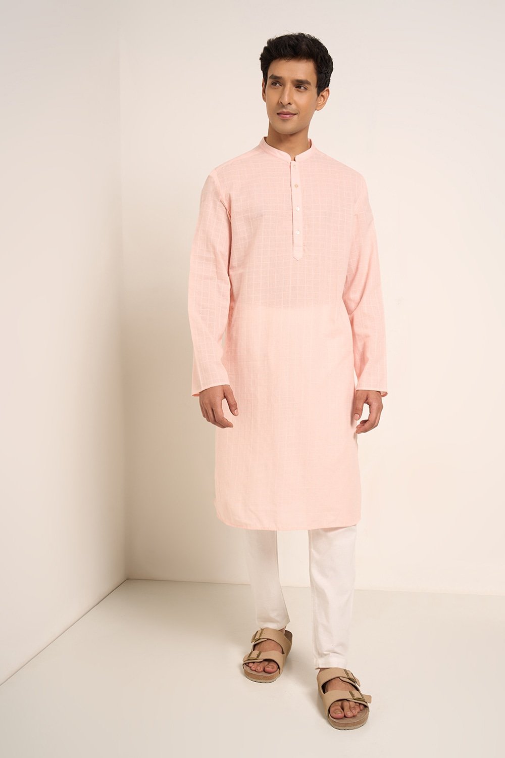 Indus Route Pink Textured Below Knee Length Casual Men Regular Fit Kurta