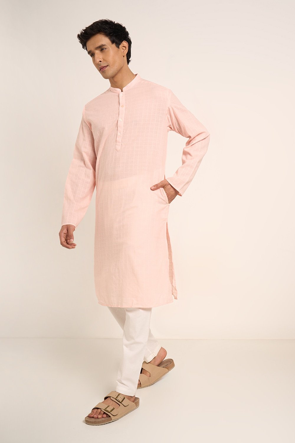 Indus Route Pink Textured Below Knee Length Casual Men Regular Fit Kurta
