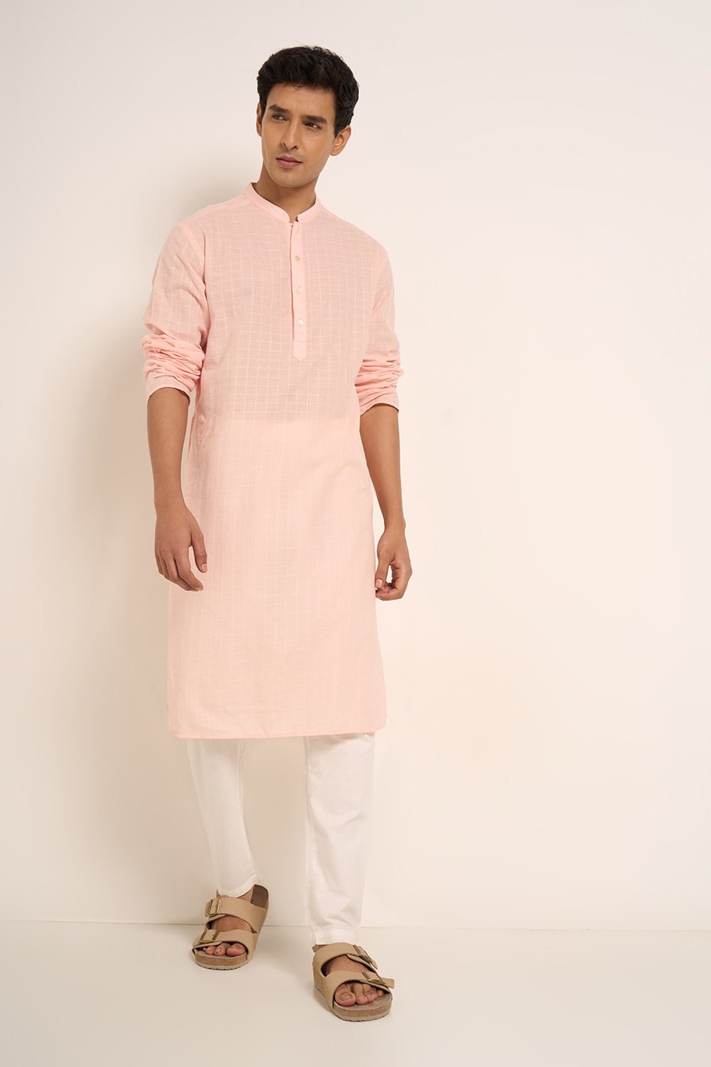 Indus Route Pink Textured Below Knee Length Casual Men Regular Fit Kurta