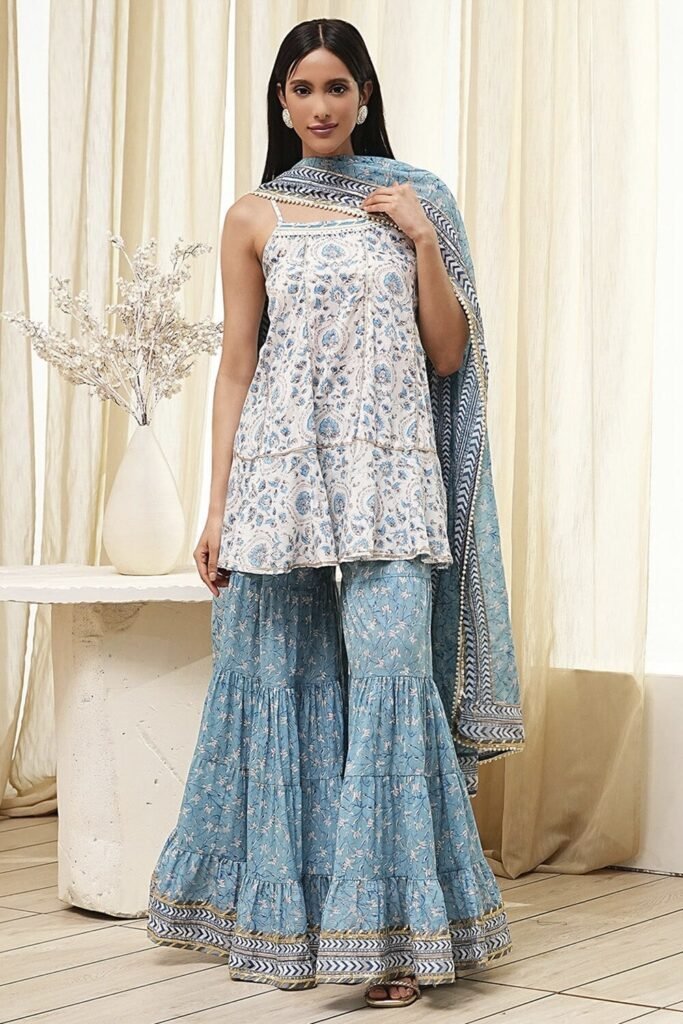 Biba Light Blue Printed Festive Shoulder Straps Shoulder Straps Women Relaxed Fit Kurta Set