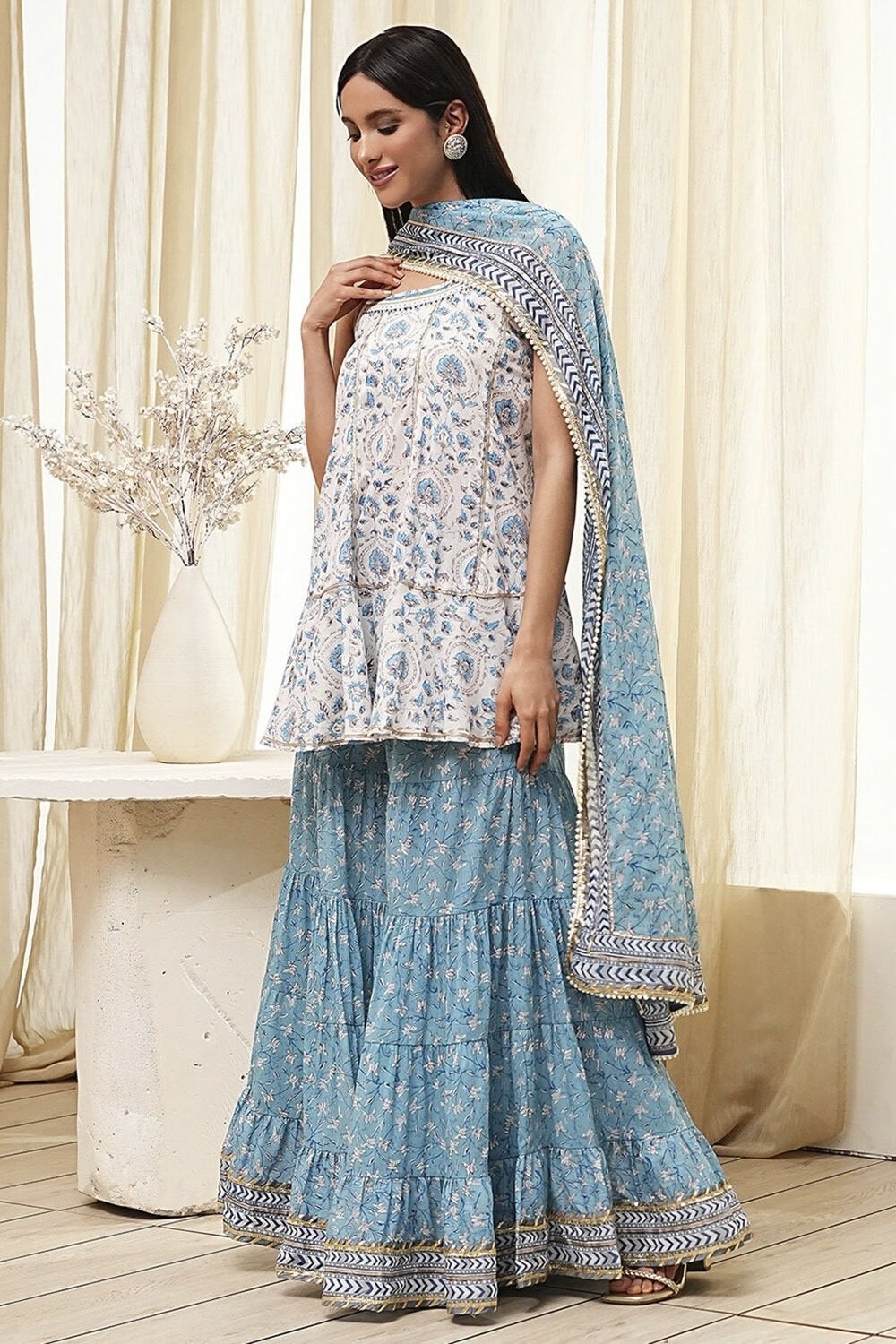 Biba Light Blue Printed Festive Shoulder Straps Shoulder Straps Women Relaxed Fit Kurta Set