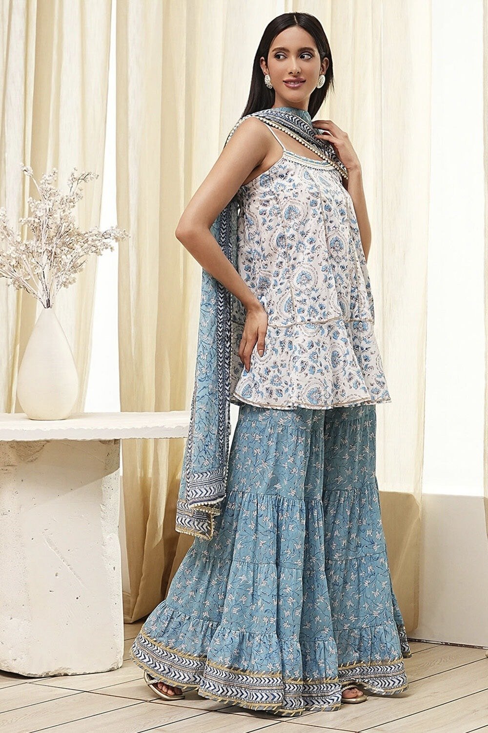 Biba Light Blue Printed Festive Shoulder Straps Shoulder Straps Women Relaxed Fit Kurta Set