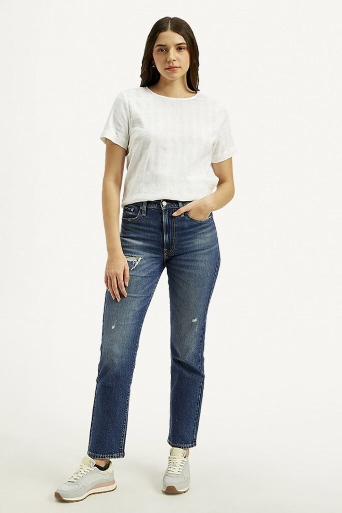 Levis Medium Blue Solid Ankle Length Casual Women Straight Fit Jeans