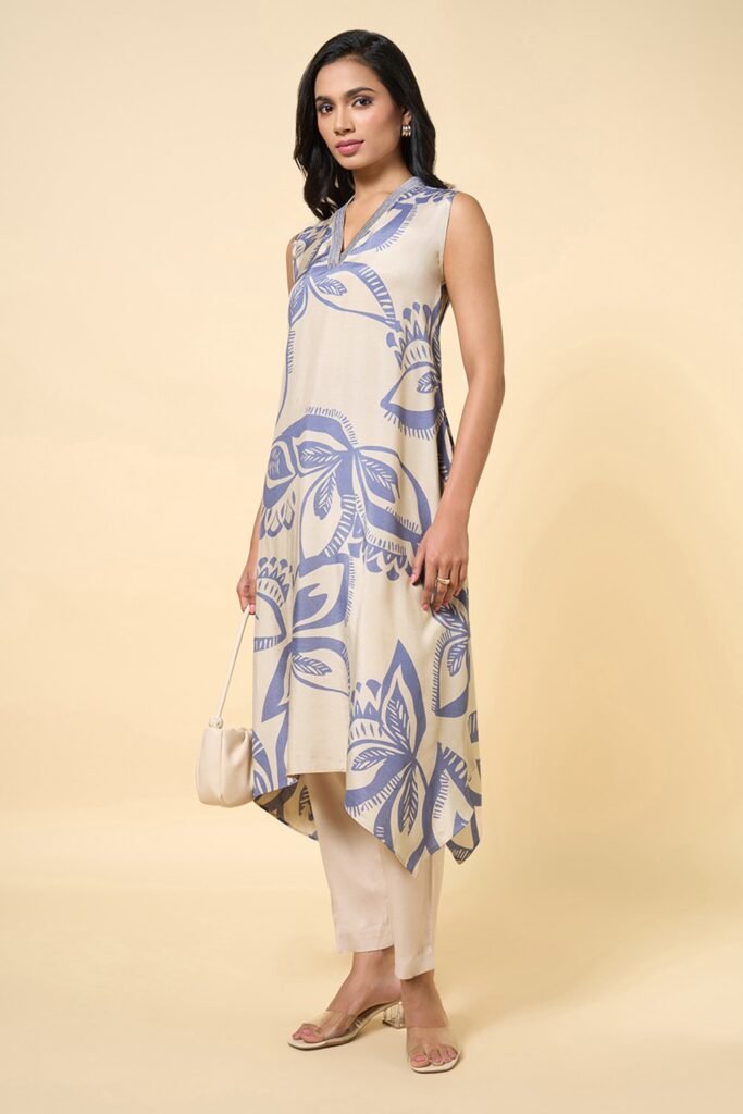 Marigold Lane Medium Blue Printed Midi Casual Women Relaxed Fit Kurta