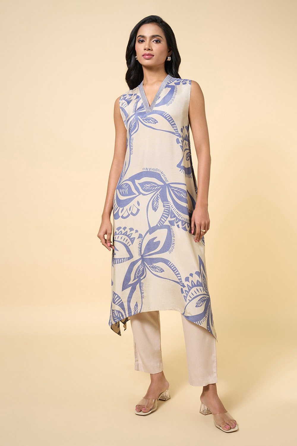 Marigold Lane Medium Blue Printed Midi Casual Women Relaxed Fit Kurta
