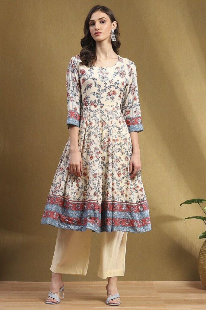 Biba Off White Printed Casual Three-Quarter Sleeves Round Neck Women Regular Fit Kurta Set
