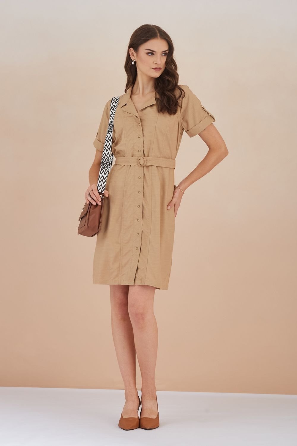 Latin Quarters Beige Solid Above Knee Casual Women Regular Fit Dress
