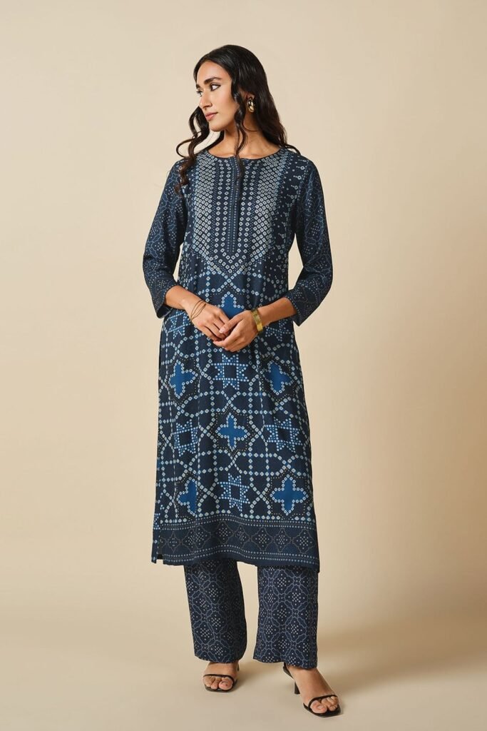 Global Desi Navy Printed Casual Three-Quarter Sleeves Round Neck Women Straight Fit Kurta Set