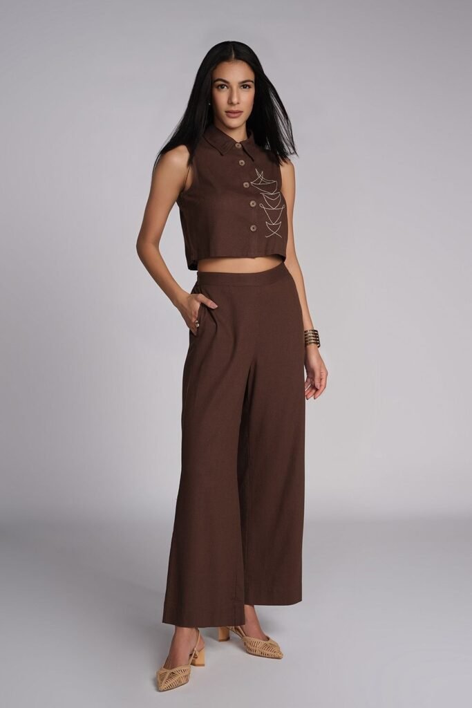 AND Brown Printed Viscose Rayon Shirt Collar Women Regular Fit Co-ord Set