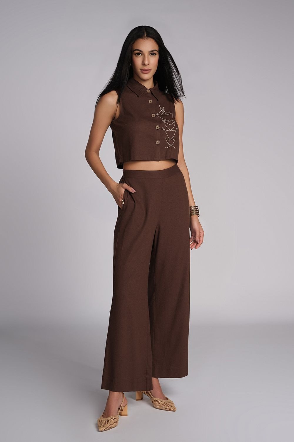 AND Brown Printed Viscose Rayon Shirt Collar Women Regular Fit Co-ord Set