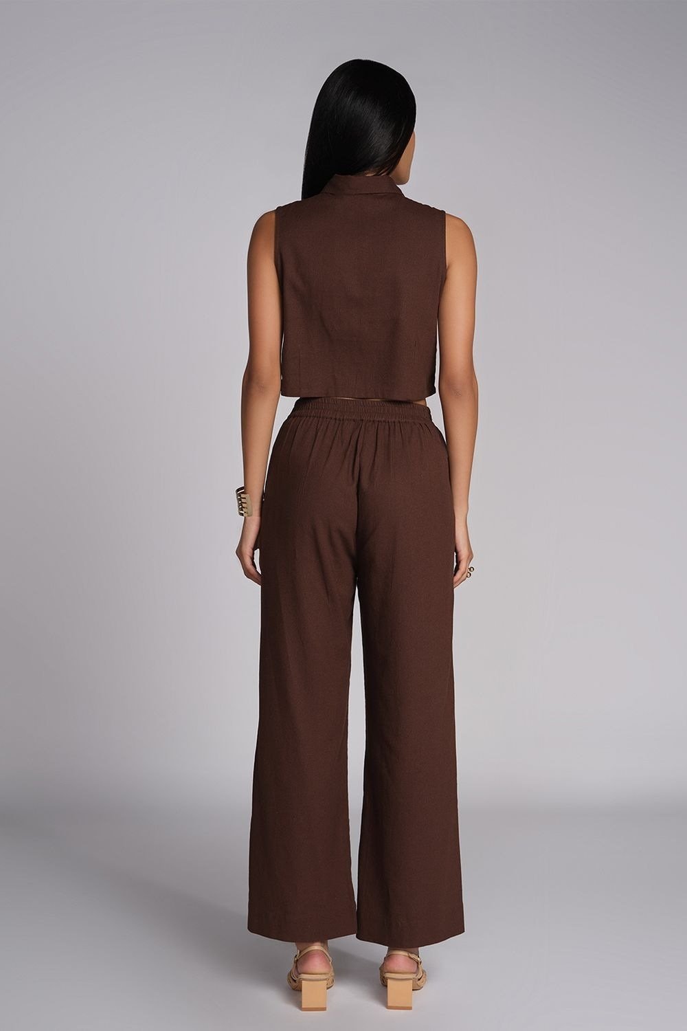 AND Brown Printed Viscose Rayon Shirt Collar Women Regular Fit Co-ord Set