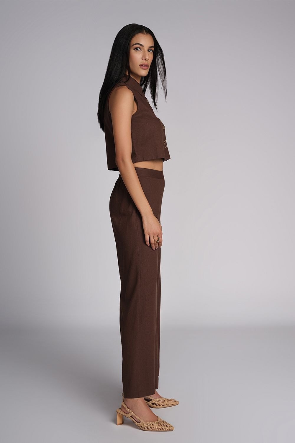 AND Brown Printed Viscose Rayon Shirt Collar Women Regular Fit Co-ord Set
