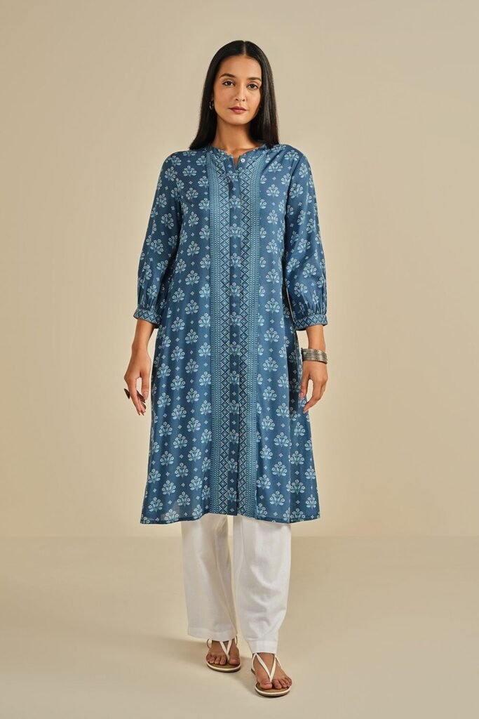 Global Desi Medium Blue Printed Knee Length Casual Women Regular Fit Kurta