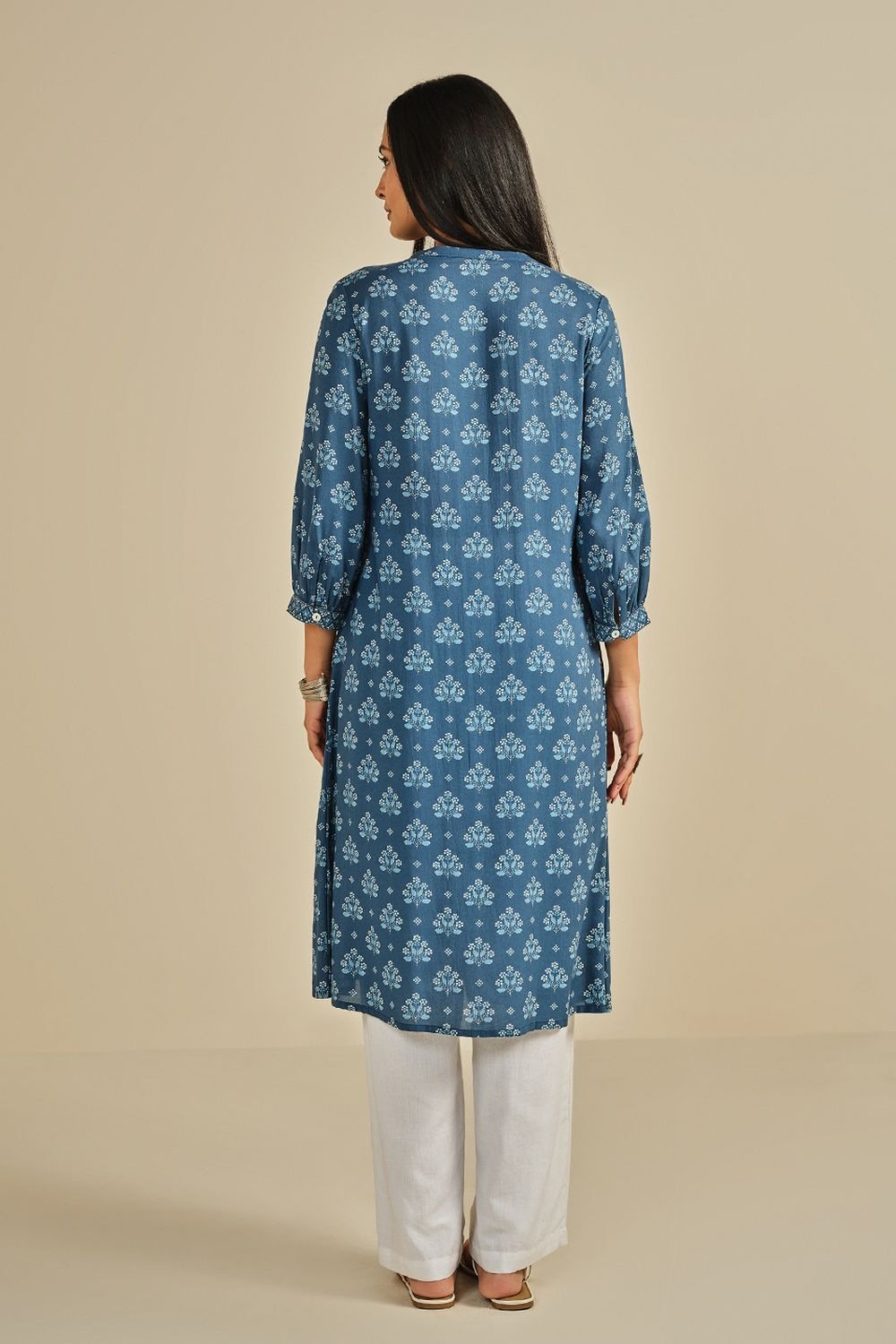 Global Desi Medium Blue Printed Knee Length Casual Women Regular Fit Kurta