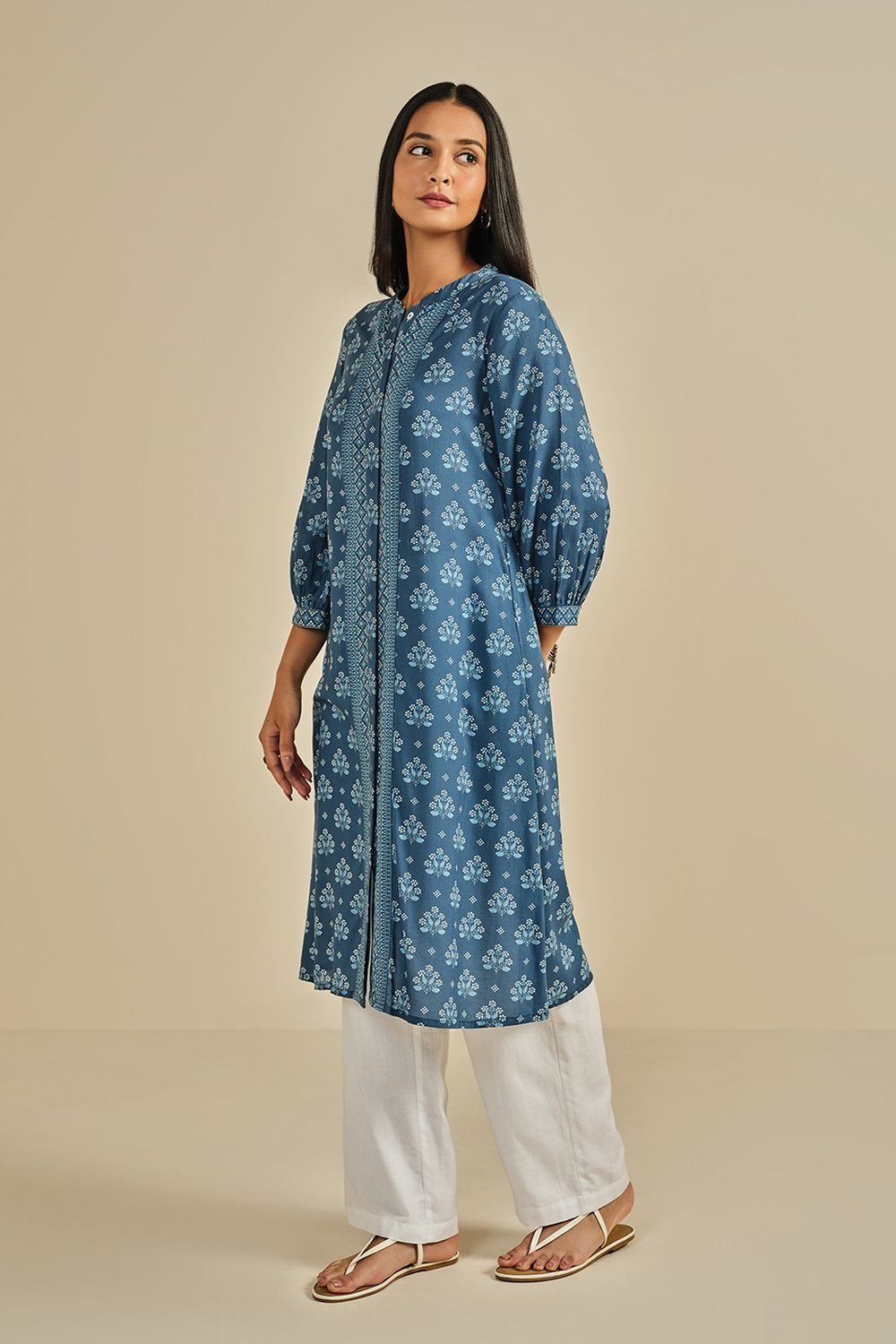 Global Desi Medium Blue Printed Knee Length Casual Women Regular Fit Kurta