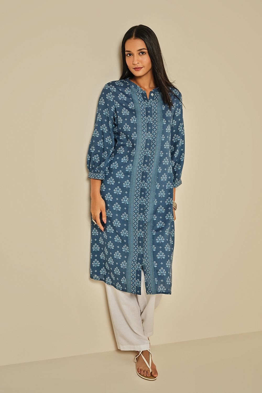 Global Desi Medium Blue Printed Knee Length Casual Women Regular Fit Kurta