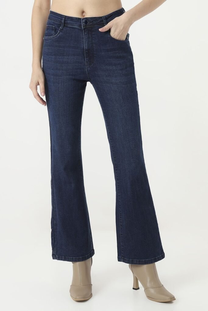 Kraus Medium Blue Solid Full Length Casual Women Flared Jeans