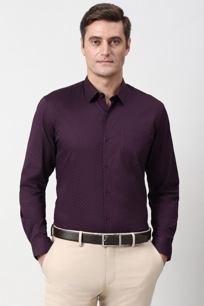 Peter England Wine Printed Formal Full Sleeves Shirt Collar Men Slim Fit Formal Shirt