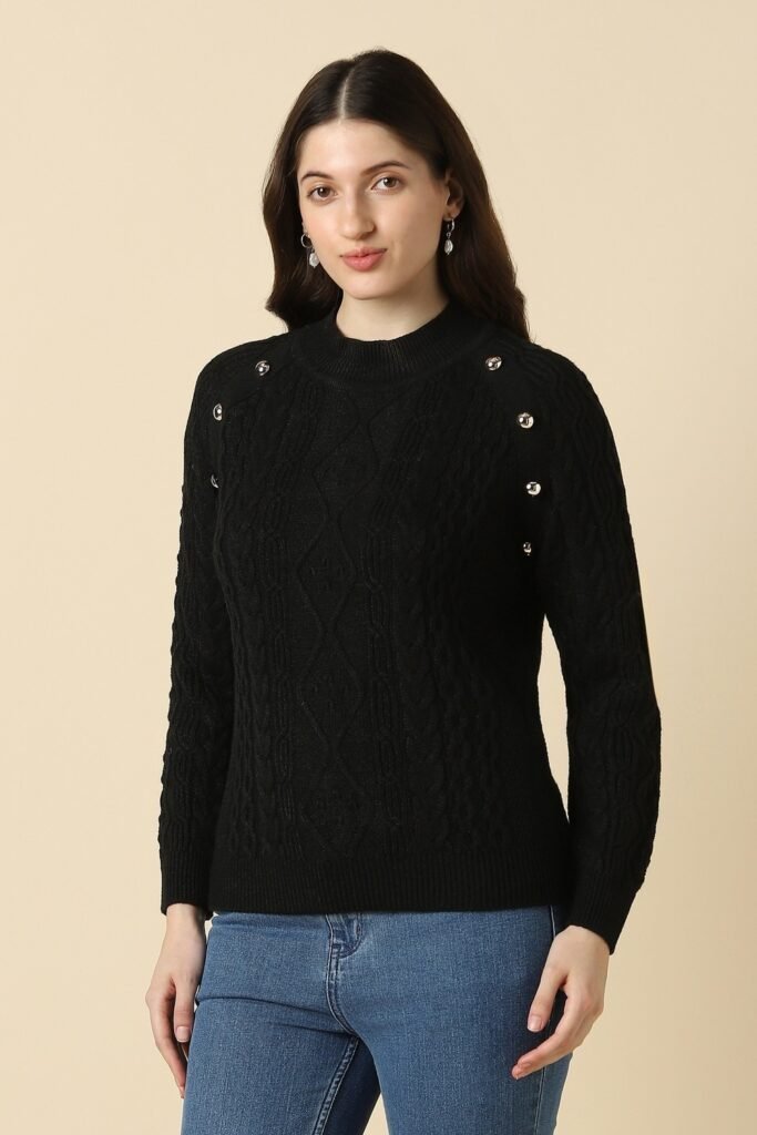 Allen Solly Black Textured Casual Full Sleeves Round Neck Women Regular Fit Sweater