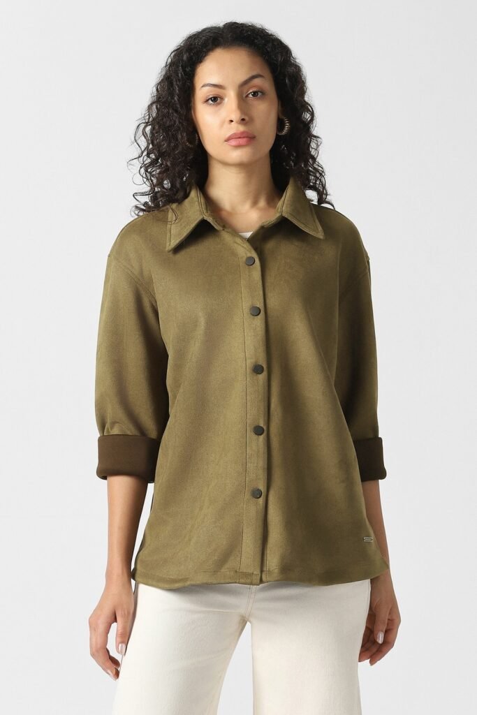 Van Heusen Olive Solid Casual Full Sleeves Women Regular Fit Jacket