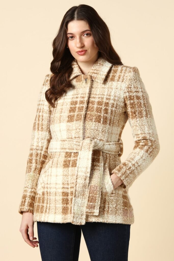 Allen Solly Beige Checked Casual Full Sleeves Women Regular Fit Jacket