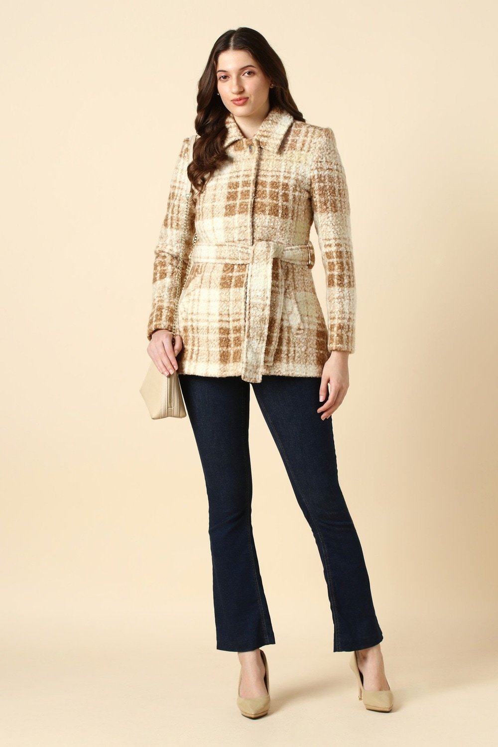 Allen Solly Beige Checked Casual Full Sleeves Women Regular Fit Jacket