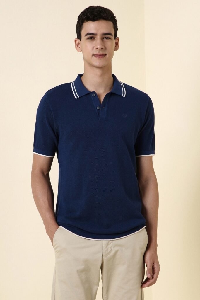 Allen Solly Navy Textured Casual Half Sleeves Polo Collar Men Regular Fit T-Shirt