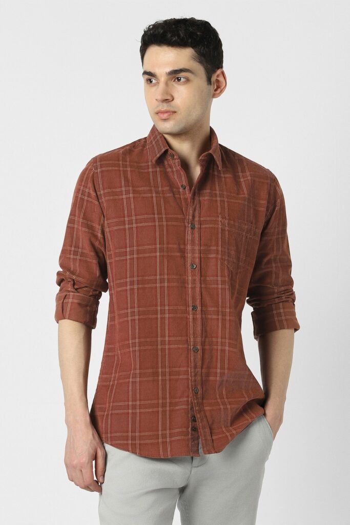 Peter England Brown Checked Casual Full Sleeves Shirt Collar Men Slim Fit Casual Shirt