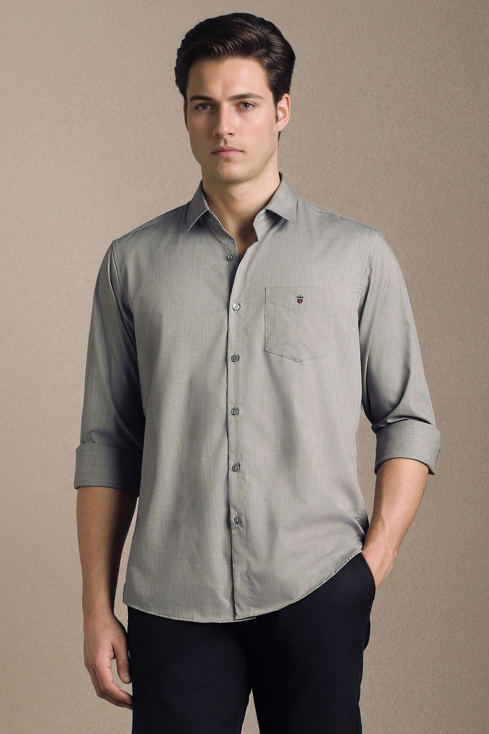 Louis Philippe Medium Grey Solid Casual Full Sleeves Shirt Collar Men Slim Fit Casual Shirt