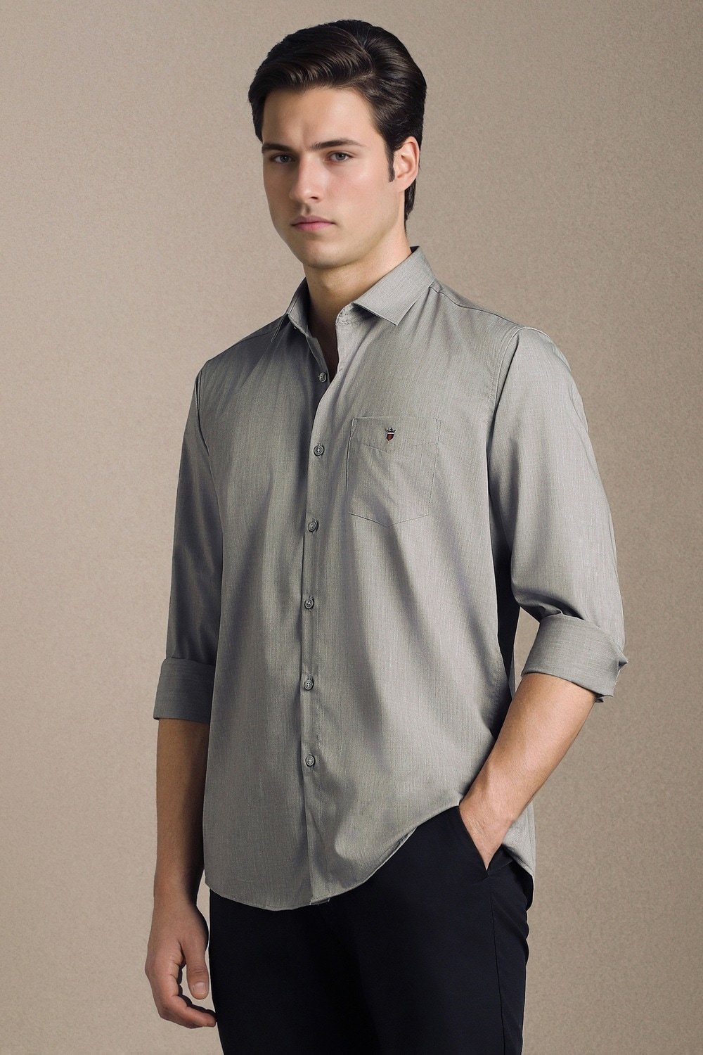 Louis Philippe Medium Grey Solid Casual Full Sleeves Shirt Collar Men Slim Fit Casual Shirt