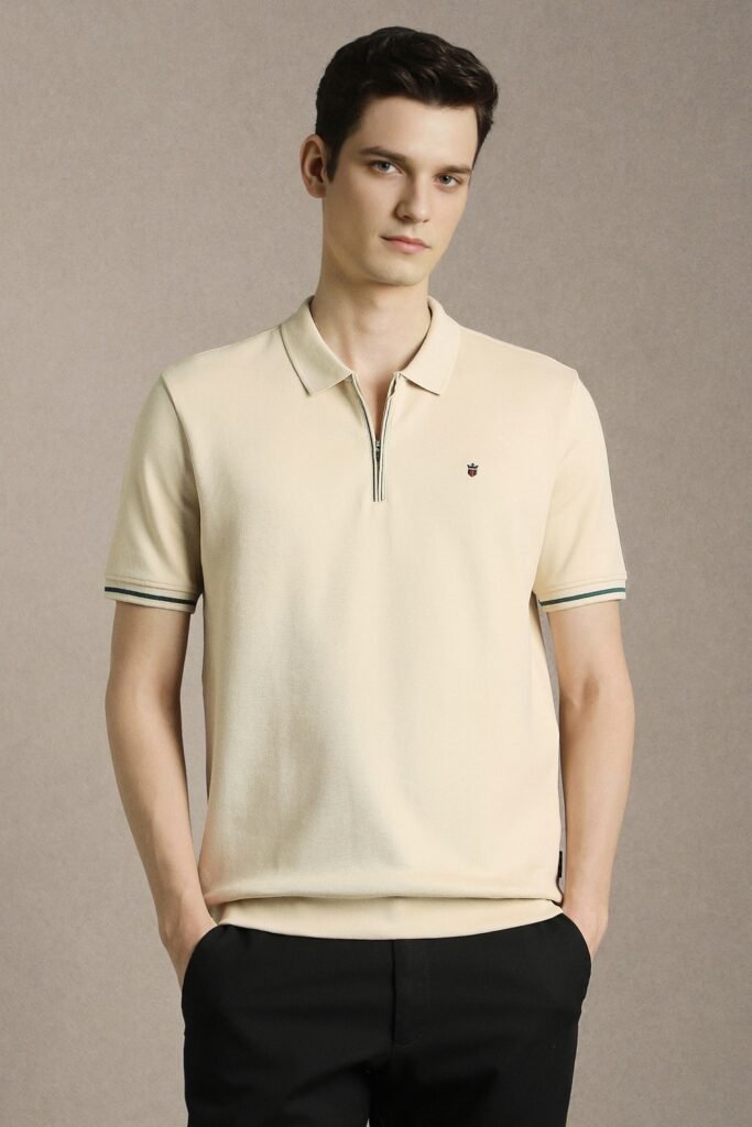 Louis Philippe Beige Textured Casual Half Sleeves Polo Collar Men Slim Fit T-Shirt