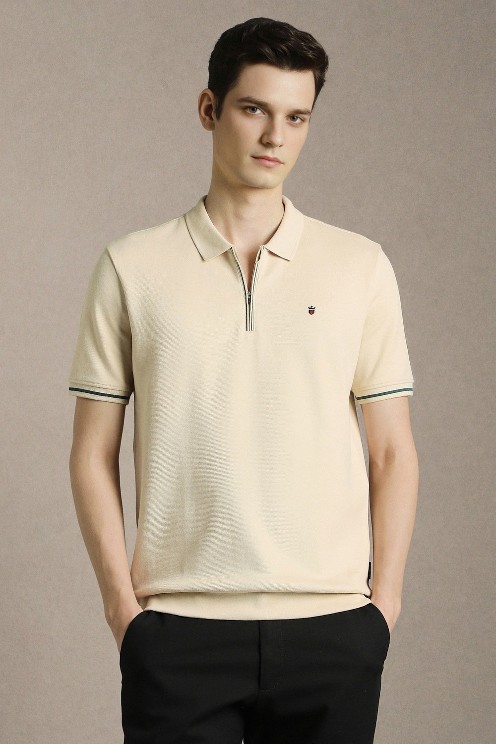 Louis Philippe Beige Textured Casual Half Sleeves Polo Collar Men Slim Fit T-Shirt