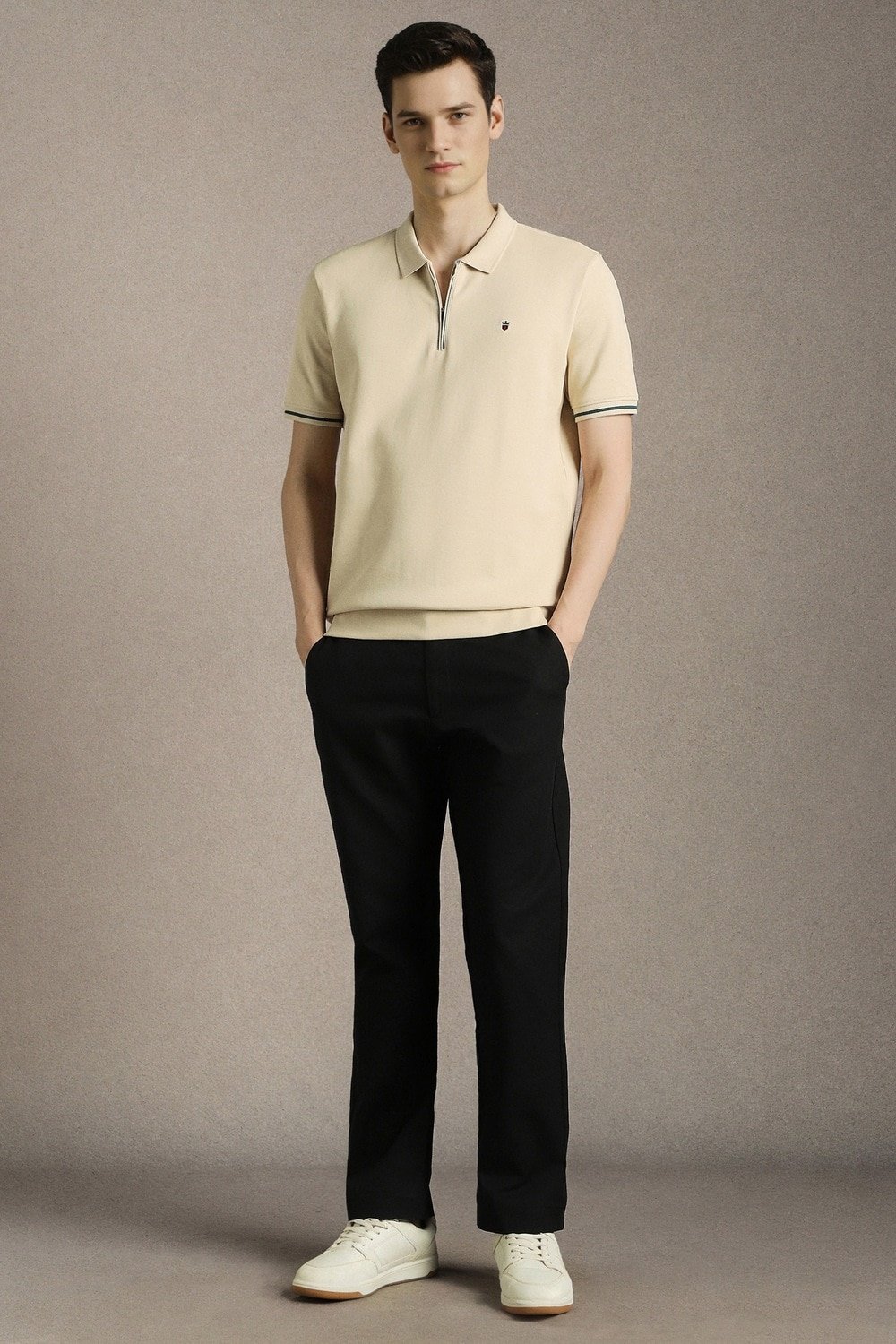 Louis Philippe Beige Textured Casual Half Sleeves Polo Collar Men Slim Fit T-Shirt