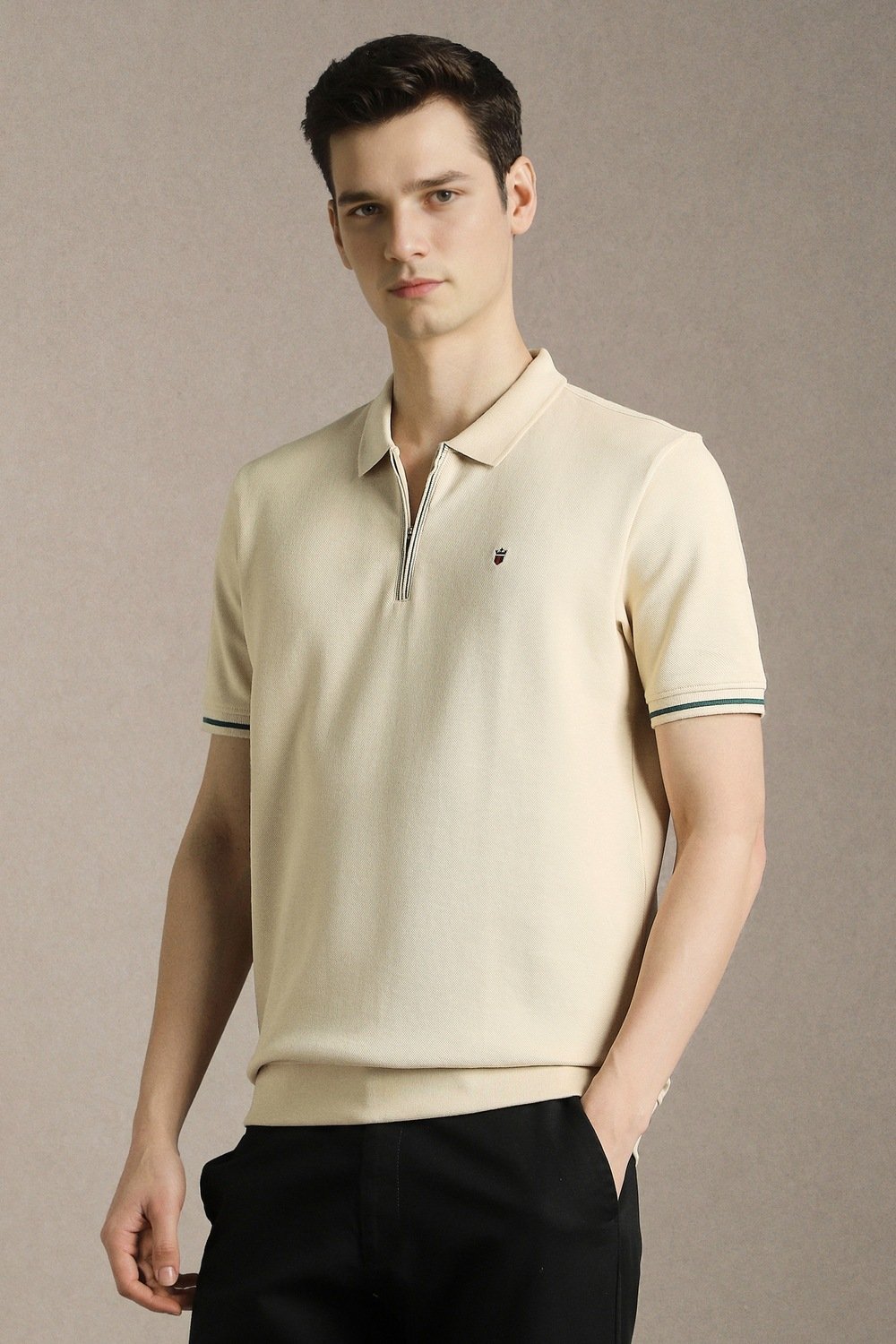 Louis Philippe Beige Textured Casual Half Sleeves Polo Collar Men Slim Fit T-Shirt