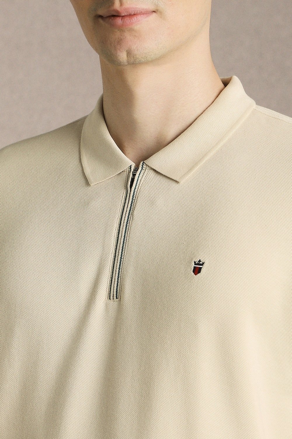 Louis Philippe Beige Textured Casual Half Sleeves Polo Collar Men Slim Fit T-Shirt