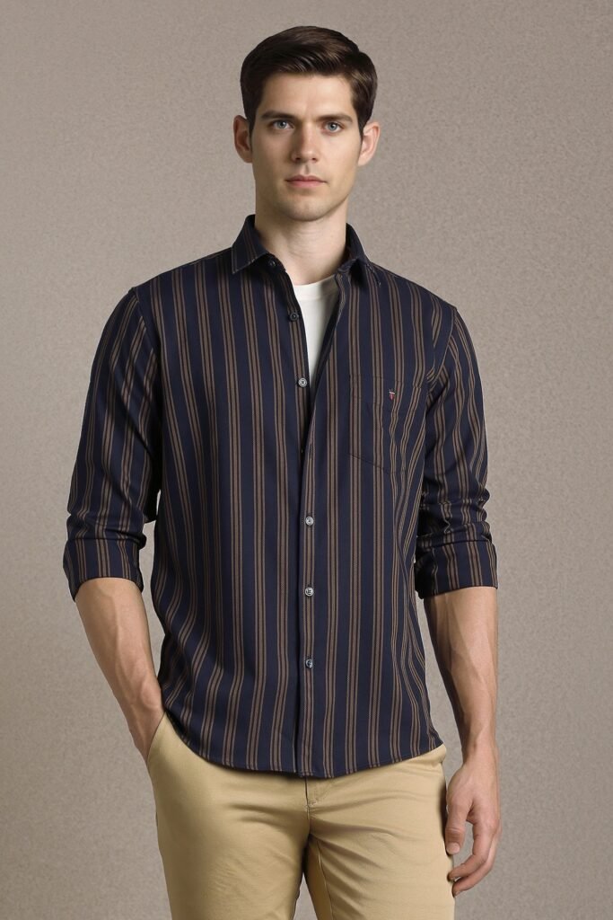 Louis Philippe Navy Striped Casual Full Sleeves Shirt Collar Men Slim Fit Casual Shirt