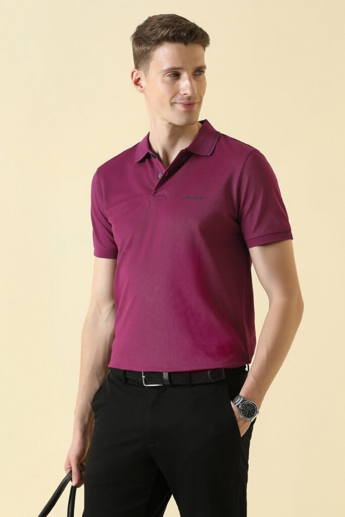 Allen Solly Wine Textured Casual Half Sleeves Polo Collar Men Regular Fit T-Shirt