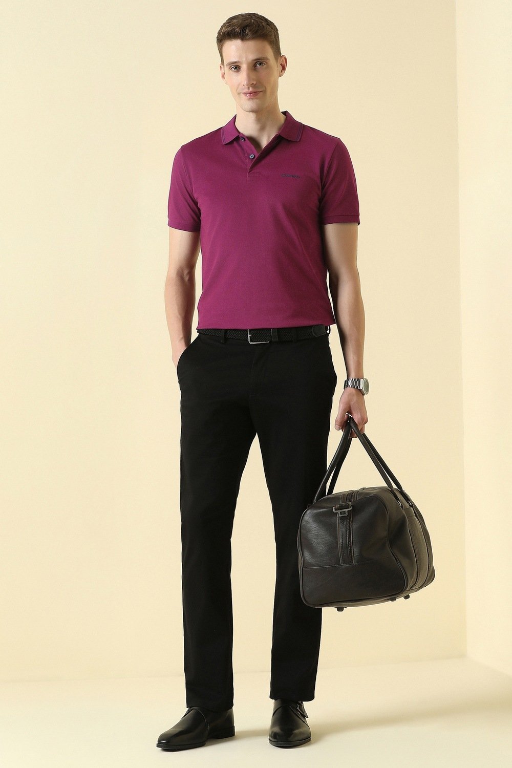 Allen Solly Wine Textured Casual Half Sleeves Polo Collar Men Regular Fit T-Shirt