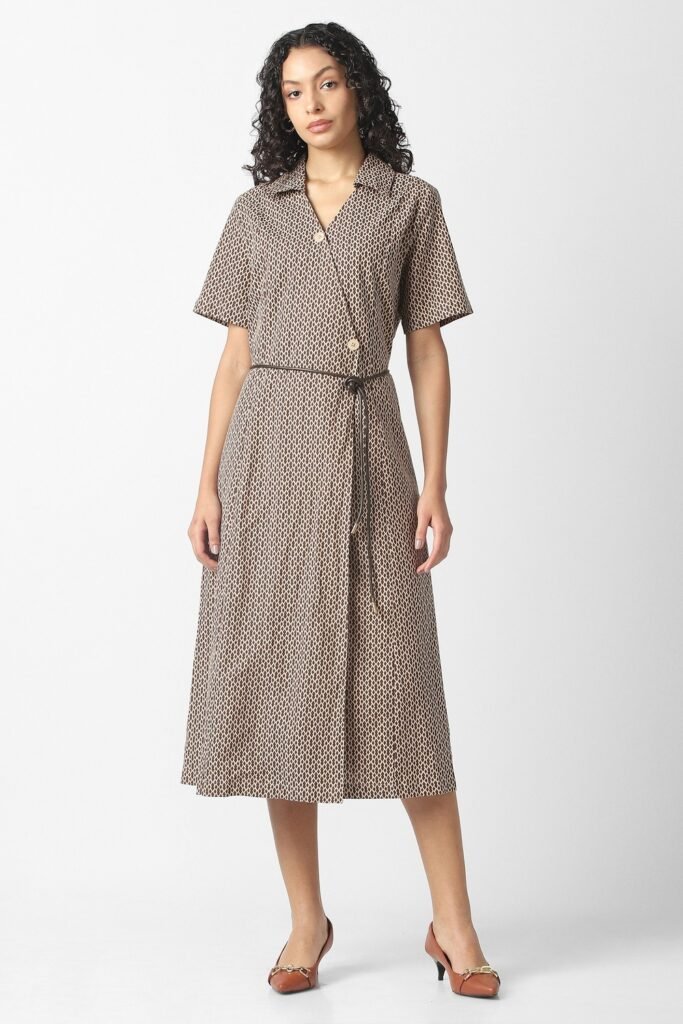 Van Heusen Brown Printed Calf Length Formal Women Regular Fit Dress