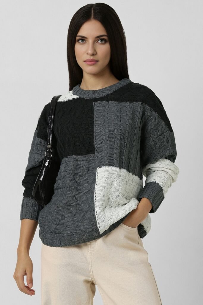 Van Heusen Medium Grey Women Printed Regular Fit Sweater