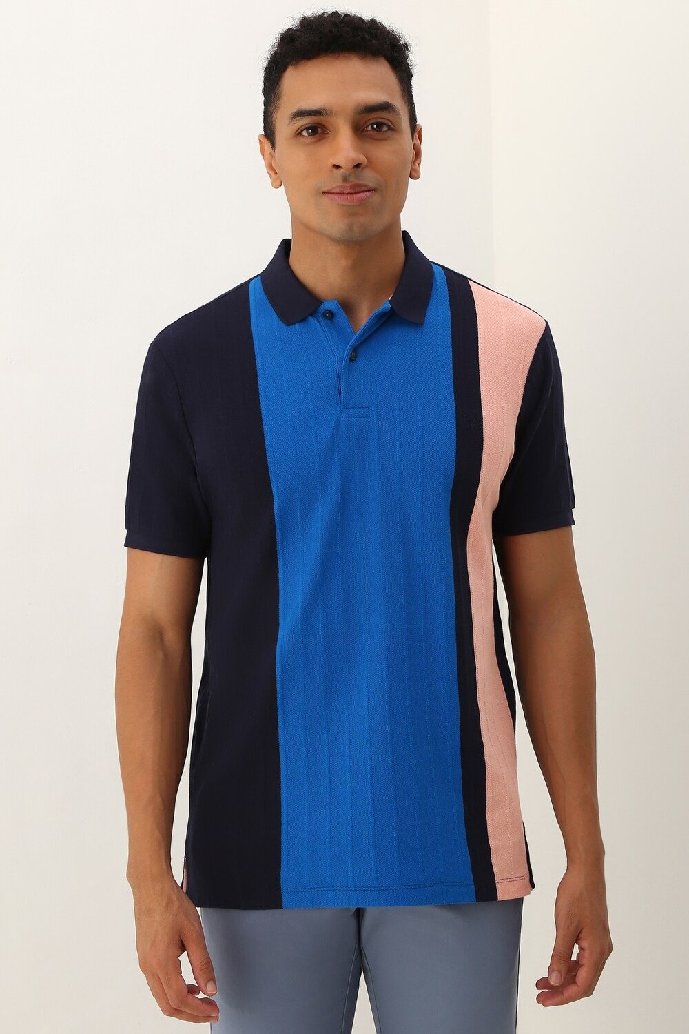 Allen Solly Navy Colourblocked Casual Half Sleeves Polo Collar Men Regular Fit T-Shirts