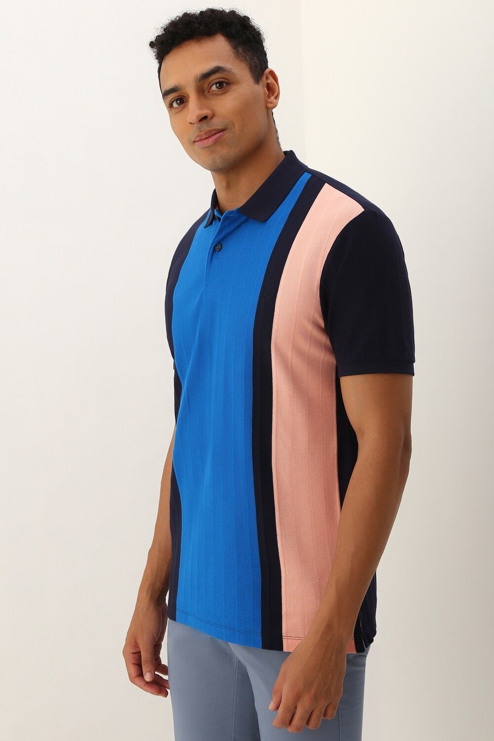 Allen Solly Navy Colourblocked Casual Half Sleeves Polo Collar Men Regular Fit T-Shirts